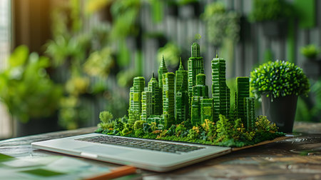 Miniature city with laptop and plant on wood table. 3d renderingの素材