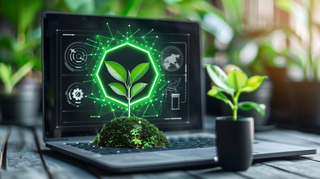 Laptop with green plant growing out of a hexagon on the screenの素材