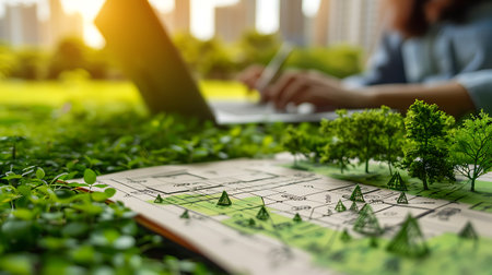 Architect working on blueprint at office, architectural project, construction conceptの素材