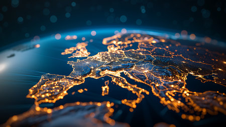 World map with glowing city lights. Global network connection. 3D renderingの素材