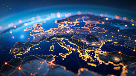 Europe on planet Earth at night with network connections. 3D renderingの素材