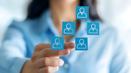 Woman hand pressing social network icon on virtual screen. Business and technology concept.の素材