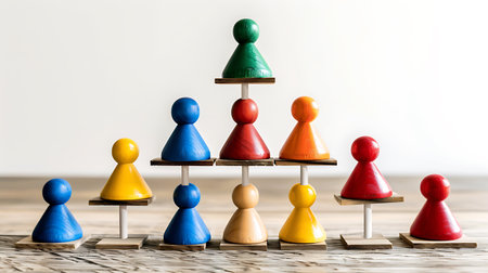Colorful wooden people pyramid on wooden table over white wall background.の素材