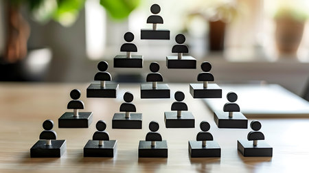 Business people icons on wooden table background. Teamwork, partnership and success conceptの素材