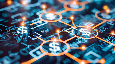 3D rendering of a business network concept with glowing dollar signs and symbolsの素材