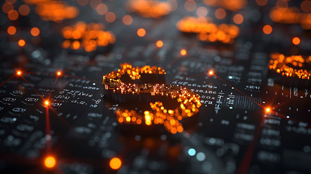 Futuristic glowing bitcoin symbol on dark background. 3D renderingの素材