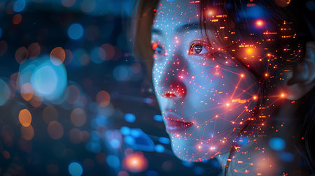 Double exposure of woman face with network connection on bokeh backgroundの素材