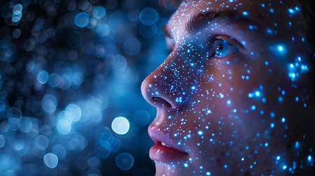 Close up portrait of a young woman with blue glowing faceart.の素材