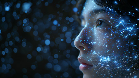 Close up of male face with glowing connection lines. 3d renderingの素材