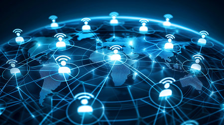 Wireless connection concept on blue background. 3d rendering toned image double exposureの素材