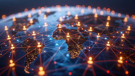 Global network connection over the world map. 3d rendering toned imageの素材