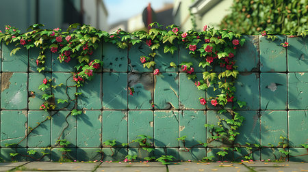 Green brick wall decorated with red flowers and birds. 3d renderingの素材