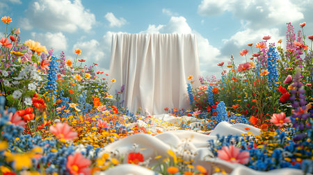 Flower garden with a white tent in the background, 3d renderの素材