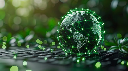 Laptop with glowing earth globe on green bokeh background 3D renderingの素材
