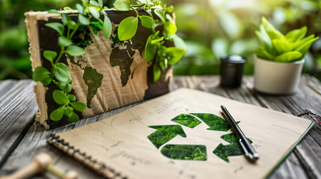 Notebook with a recycle symbol and plant pots on a wooden tableの素材