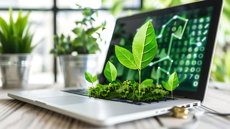 Laptop with green sprout growing on the screen. 3d renderingの素材