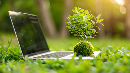 Laptop computer on green grass in the garden with tree, stock photoの素材