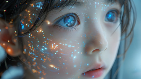 Futuristic little girl with futuristic blue eyes. 3D renderingの素材