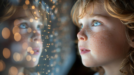 Portrait of a young girl looking at her reflection in the mirrorの素材