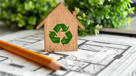 Wooden house with a green recycle symbol on the background of drawings and pencilの素材