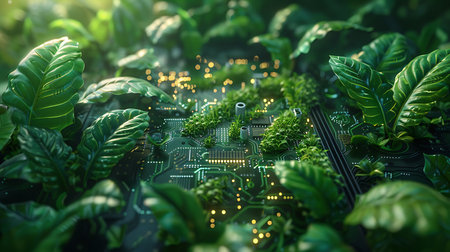 Microchip with microchips and green leaves. 3d renderingの素材