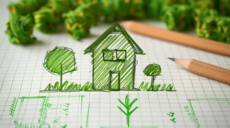 Drawing house and tree on a sheet of paper with pencilsの素材