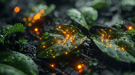 3d rendering of green plant in dark with bokeh lightsの素材