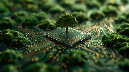 3d illustration of tree growing on circuit board with microchipsの素材