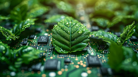 Green leaf with microchips and microchips on the motherboardの素材