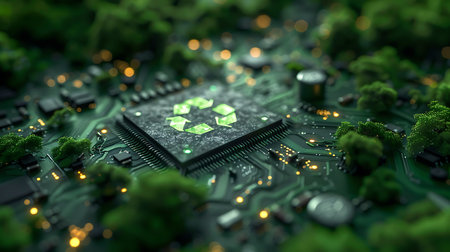 Close-up view of a green microcircuit 3D renderingの素材