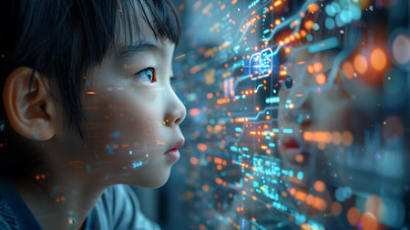3d rendering of a boy and a girl in front of a monitor with a binary codeの素材