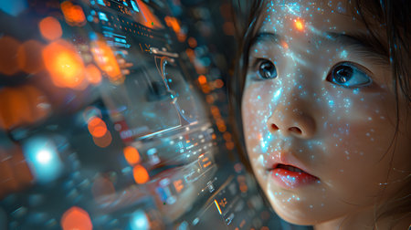 3D rendering of a little girl looking at the screen of a futuristic interface.の素材