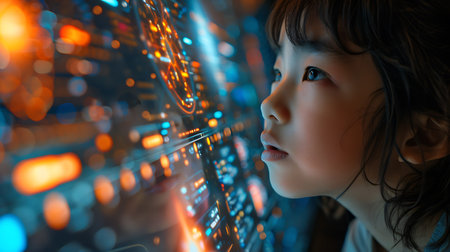 3d rendering of a child playing in a computer room with technology themeの素材