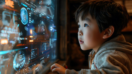 Cute little boy using a tablet computer in a dark room.の素材