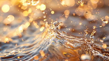 splashes and drops of water on a background of gold bokehの素材