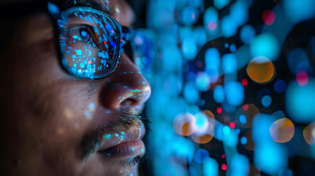 Double exposure portrait of a man with glasses and colorful bokeh backgroundの素材