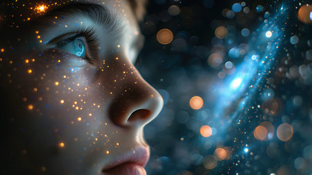 Close-up portrait of a girl with blue eyes and glowing lightsの素材