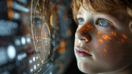 Close up of boy looking at futuristic interface. Future technology concept. Double exposureの素材
