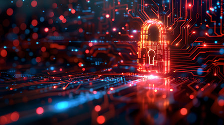 Cyber security concept with circuit board and padlock. 3d renderingの素材