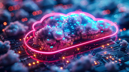 Cloud computing technology concept. 3D Rendering. Blue and pink backgroundの素材