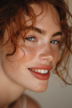 Portrait of a beautiful young redhead woman with frecklesの素材