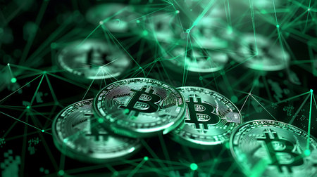 3D rendering of bitcoins on a dark background. Virtual cryptocurrency conceptの素材