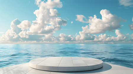 3D rendering of a white marble platform on a beautiful sea backgroundの素材