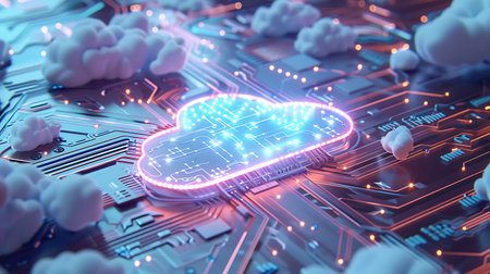 Cloud computing technology concept. 3D rendering of cloud icon over circuit board backgroundの素材