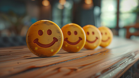 Smile face on wooden table in cafe. Close up. Selective focus.の素材