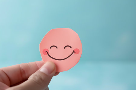 Hand holding a pink smiley face on a blue background with copy spaceの素材