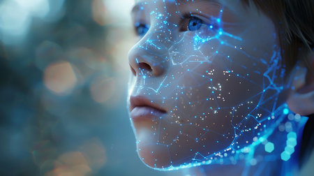 3D rendering of a boy with a virtual projection of the brainの素材