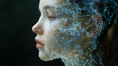 Double exposure of a female head and network hologram. 3D renderingの素材