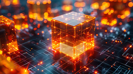 3d rendering of a cube on a circuit board. Technology conceptの素材