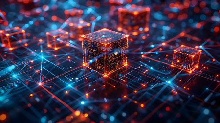 Abstract 3d render illustration of blockchain technology concept with glowing cubes.の素材